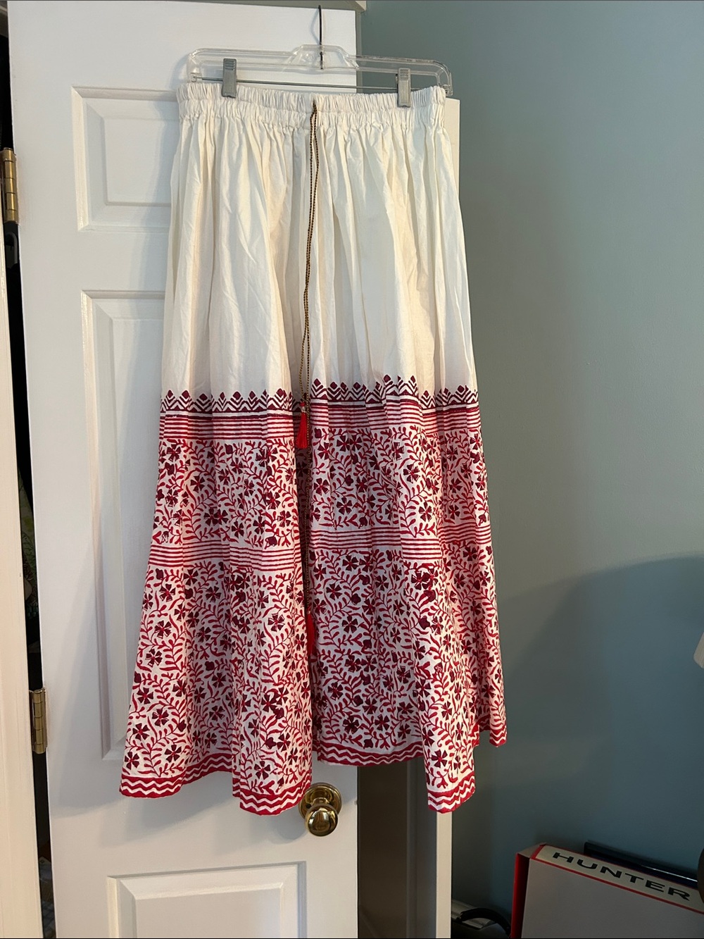 White Maxi Skirt with Red Floral Border